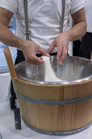 Production and Manual Production of Italian Mozzarella.の写真素材