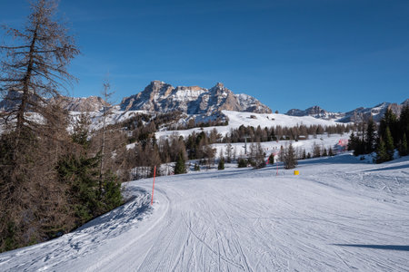 Italian Dolomites Mountains, Snow covered Ski Slope.の写真素材