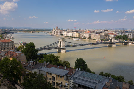Top View of SzÃ©chenyi Chain Bridge in Budapest, Hungaryの写真素材
