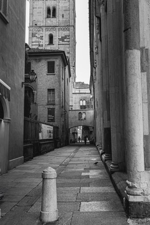 Lanfranco Street in Modena, Arcades and Historic Buildings near Cathedral, Italy.の写真素材