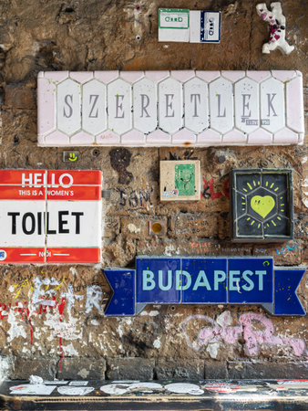 Colorful Tiles, Detail of creativity and art with Discarded Objects at Ruins Bars in Budapest - Hungary.の写真素材