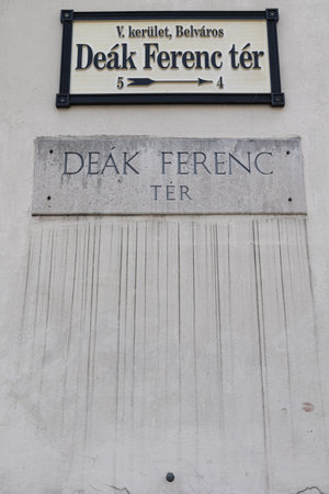 Historic Street Sign Deak Ferenc Square in Budapest, Hungary.の写真素材