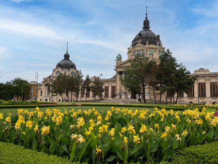 Architectural Thermal Marvel in Budapest, Facade of The SzÃ©chenyi Baths - Hungary.の写真素材