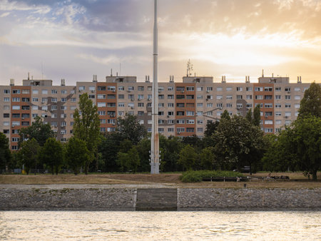 Concrete Block of flats on the bank of the danube in Budapest with Stylized Sports in the facade, Hungary.の写真素材