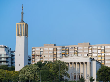Neoclassical Facade of The Church and Tower in Road, Budapest - Hungary.の写真素材