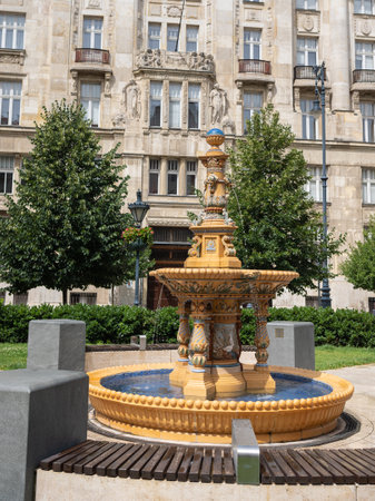Zsolnay Ornamental and Ceramic Fountain In Nador Square, Budapest - Hungary.の写真素材