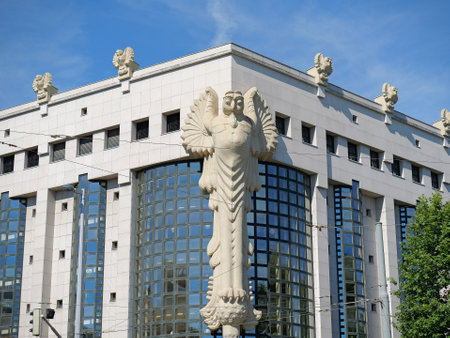 Vienna Technical University, Modern Library Facade Adorned with a Sculpted Angel, Vienna - Austria.の写真素材