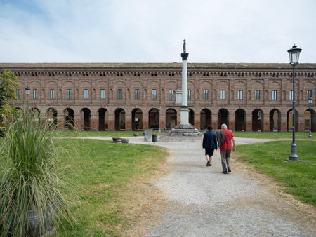 The Galleria degli Antichi or Corridor Grande and Minerva Statue Column in Sabbioneta in the province of Mantua, Italy.の写真素材
