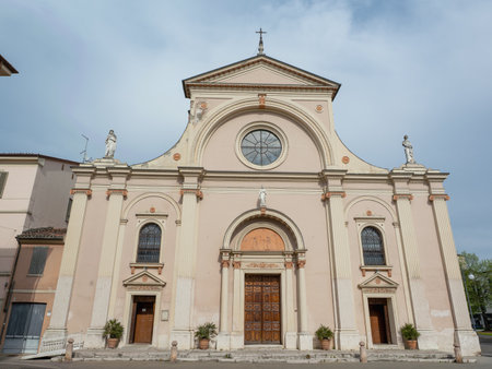 Historical Church of Santa Maria Assunta and San Cristoforo and Buildings in Viadana Town Square, Mantua - Italy.の写真素材
