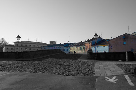Historic Bridge and Colorful Buildings in Colorno, Parma - Italy.の写真素材