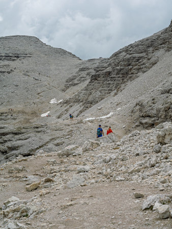 Following The Path In The Dolomites, Sass Pordoi, Italy.の写真素材