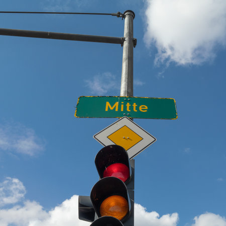 Berlin Mitte Street Sign And Traffic Light, Germany.の写真素材