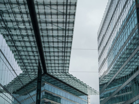 Modern Glass Facades And Grid Structure Against Overcast Sky.
