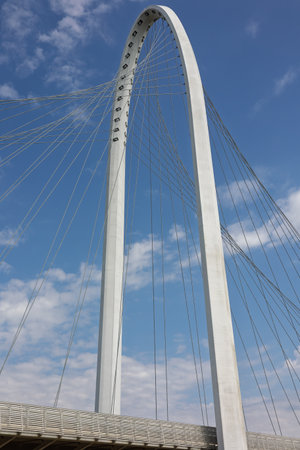Close Up Detail Of Slender White Bridge Arch And Intersecting Suspension Cables, Reggio Emilia,...