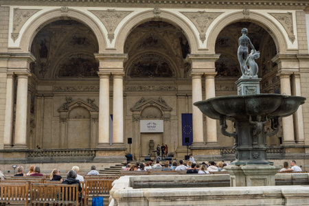 Fountain And Open-Air Concert In Archway Of Wallenstein Palace Loggia, Prague, Czech Republic.