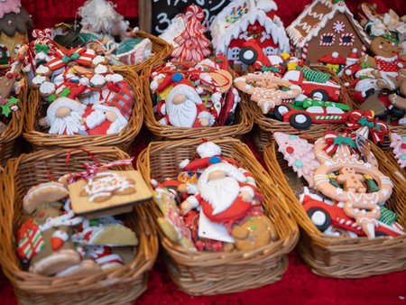 Various Colorful Christmas Ornaments In Wicker Baskets At Market, Bolzano, Italy.