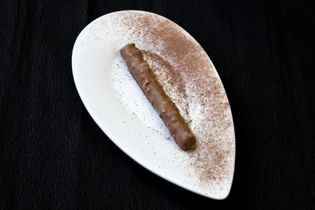 a long chocolate praline on a white plate with cocoa powderの写真素材