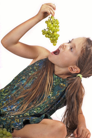 eight year old girl eating freshly picked grapes from the gardenの写真素材