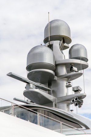Radar and communication tower on a yachtの写真素材