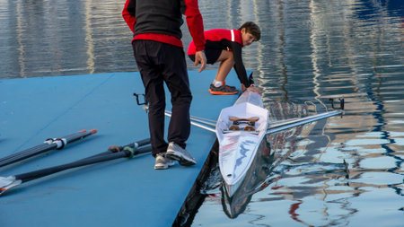 Child in the course of rowing on singleの写真素材