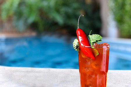 refreshing red berry drinck by the pool with sunny dayの写真素材