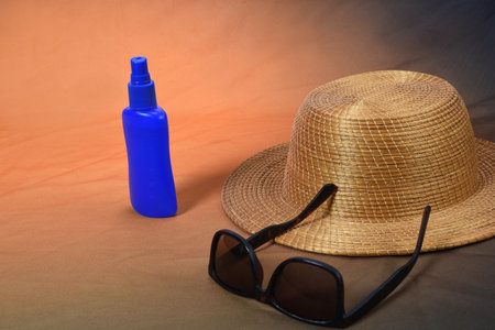 Traveler's accessories, sunglasses for summer with empty space for text. Travel vacation concept. Summer background. Road frame set. Lay flat, top view.の写真素材