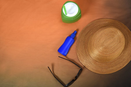 Traveler's accessories, sunglasses for summer with empty space for text. Travel vacation concept. Summer background. Road frame set. Lay flat, top view.の写真素材