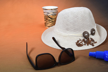Traveler's accessories, sunglasses for summer with empty space for text. Travel vacation concept. Summer background. Road frame set. Lay flat, top view.の写真素材