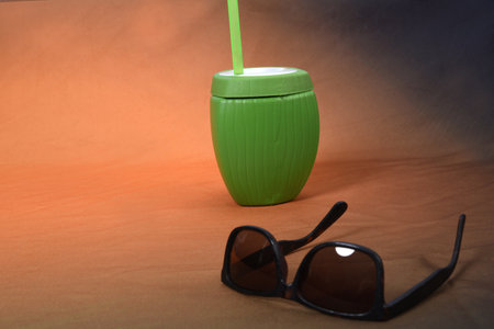 tropical drink mug with empty space for text. Travel vacation concept. Summer background.の写真素材