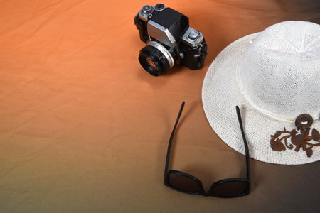 Traveler's accessories, sunglasses for summer with empty space for text. Travel vacation concept. Summer background. Road frame set. Lay flat, top view.の写真素材