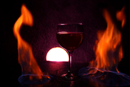 glass of red wine on glass table with fire around it on black background, romantic photo