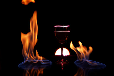glass of red wine on glass table with fire around it on black background, romantic photoの写真素材