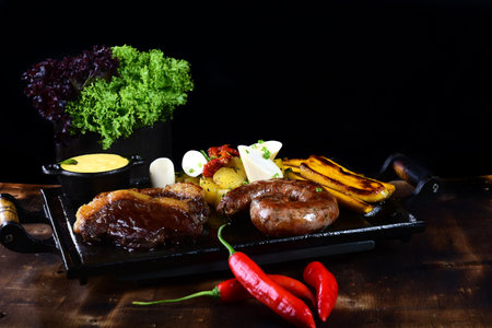 plate with piece of roast beef with bacon vegetable salad and mustard sauceの写真素材