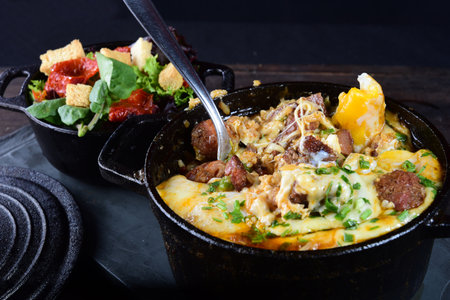 rice cooker with pork sausage roast potato salad and cheese, herb sauce restaurant food, brazilian foodの写真素材