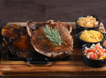 Gourmet Grill Restaurant Steak Menu - New York Beef Steak BBQ on Wooden Background. Black Angus Prime Steak. Roast Beef Steak Dinnerの写真素材