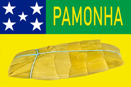 pamonha, corn porridge, brazilian food traditional culinary corn cake, side view on white background.の写真素材