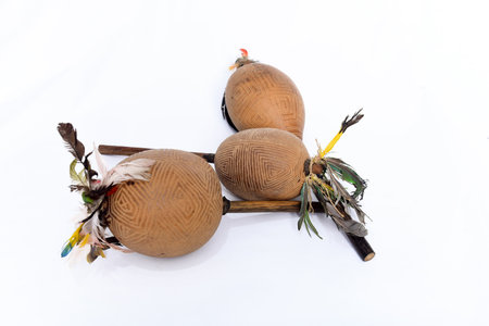 maraca percussion musical instrument made handmade indigenous culture instrument isolated on white...