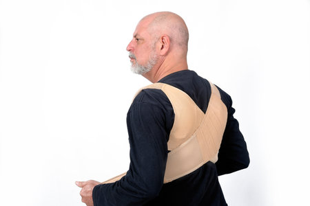 man wearing cervical spine protection brace herniated disc medicine physiotherapy lumbago senior healthの写真素材