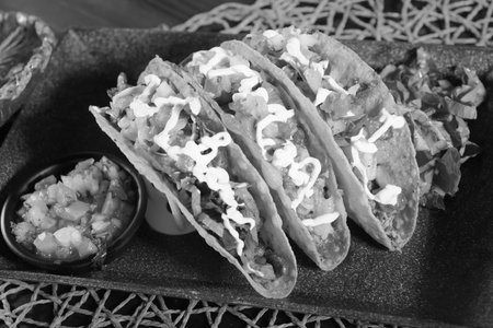 mexican tacos with corn tortillas guacamole sala jalapeno typical tex mex food imageの写真素材