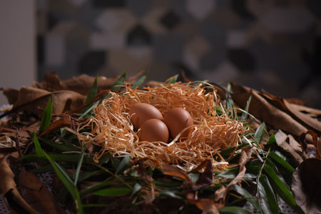 natural chicken egg on wooden table, rustic free range chicken natural farm food yolk and white of...
