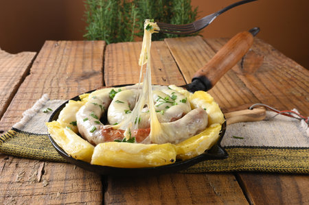 pork sausage packaged pork fried food with cheese and cassava topping healthy food image