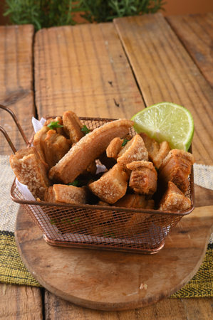 pork rinds fried pork skin Brazilian pancetta unsaltable fatty food bar food pururuca imageの写真素材