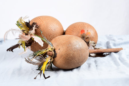 maraca percussion instrument cascara indigenous handmade instrument cultural gourd imageの写真素材