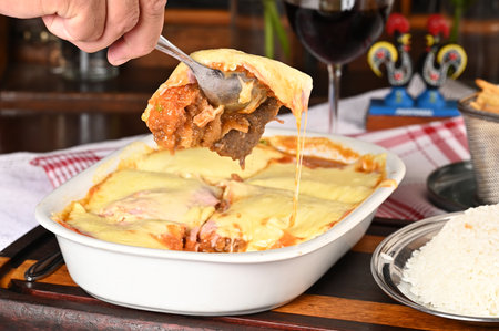 lasagna pasta with ham cheese red sauce and meat italian cuisine parmigiana tasteの写真素材