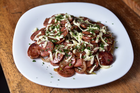 fried pepperoni slices with onion and cheese fast food