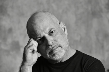 portrait adult man bald white beard face expression happy thoughtful male model gentleman in black...