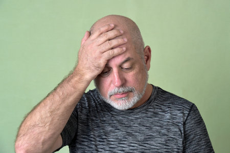 portrait adult man bald white beard face expression happy thoughtful male model gentleman in black clothes image.の写真素材