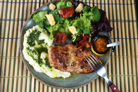 plate with chicken and mashed potatoes healthy food tasty light lunch tasteの写真素材