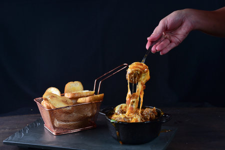 meatballs with tomato sauce, melted cheese and seasonings with bread toast tasteの写真素材