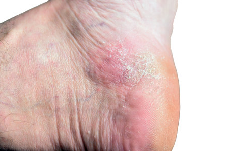 Skin condition with dyshidrotic eczema on the foot against a white background. Example of allergic...